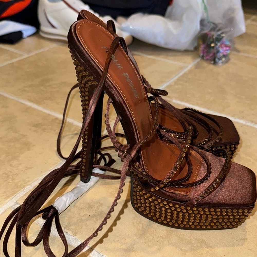 Public Desire Brown Studded Lace-Up Platform Heels